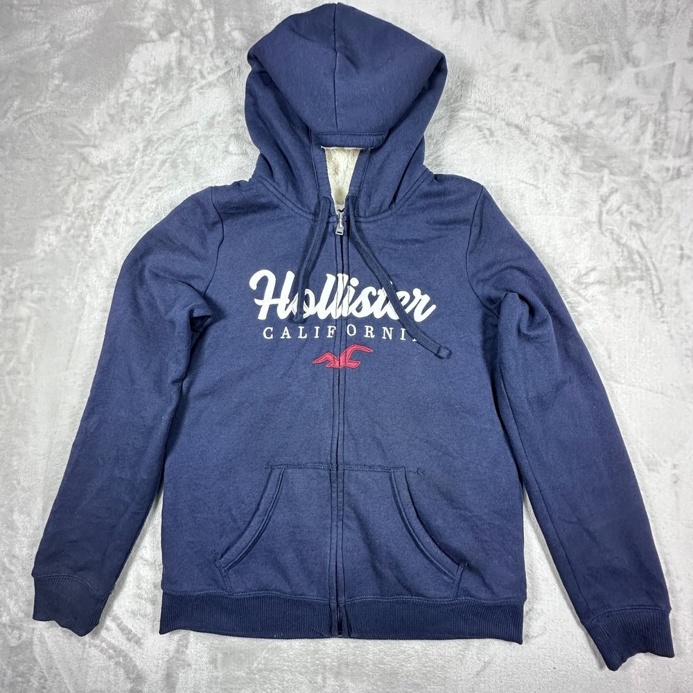 Hollister Hoodie Womens Size Small Navy Blue Sherpa Lined Full Zip Sweatshirt